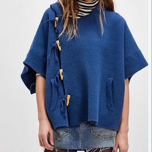 Free People Navy Toggle Wool Poncho with Yellow Accents